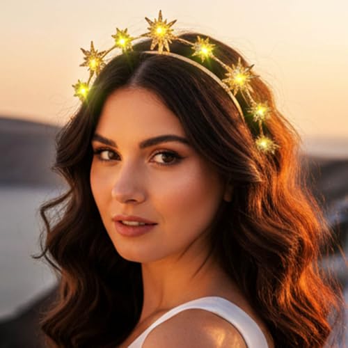 DRESBE Light Up Greek Goddess Headband New Year LED Star Crown Headbands Glow NYE Party Hair Accessories for Women (Gold)