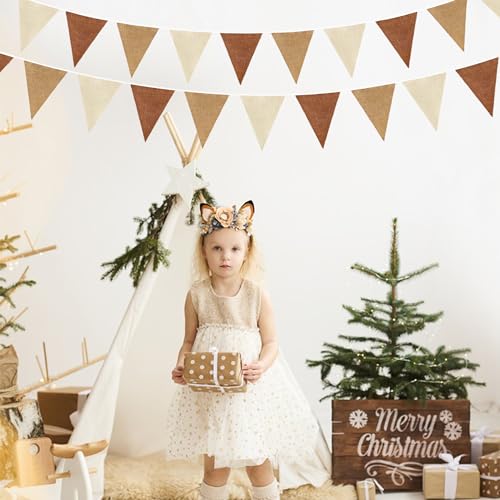 32Ft Brown Party Decorations Boho Pennant Banner Fabric Triangle Flag Linen Bunting Garland Streamers for Woodland Teddy B...
