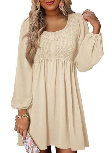Dokotoo Womens 2026 Casual Dresses Smocked Crewneck Button Up Long Sleeve Empire Waist A-Line Mini Dress