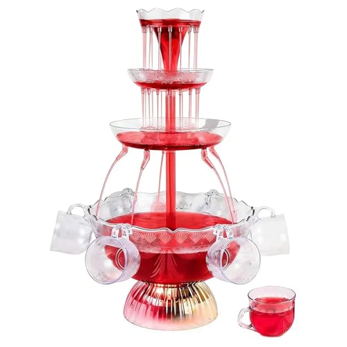 3-Tier Red Cocktail Fountain Drink Machine with LED Base and 5 Cups – Electric Drink Dispenser for Wine and Champagne at W...