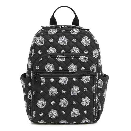 Vera Bradley Premium Cotton Small Backpack, Silver and Black Bandana Paisley