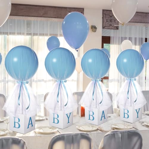 Wettarn 4 Set Blue Boy Baby Shower Table Centerpiece Decor 24'' Tulle Tutu Balloon with Letter Boxes Gender Reveal Centerp...