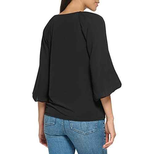 Calvin Klein Womens Loose Fitted Matte Jersey Mixed Media Lantern Sleeve Blouse