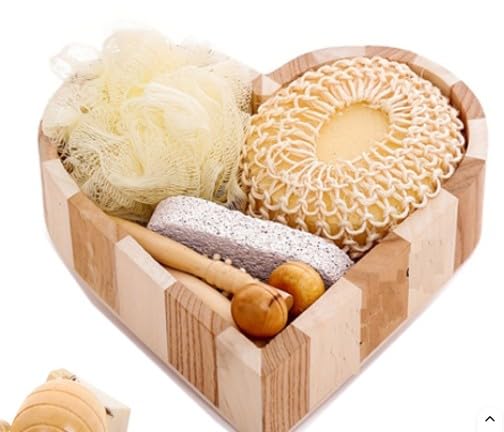 Luxury Bath and Spa Gift Set with Loofah and Other Bath Accessories in Wooden Heart Box