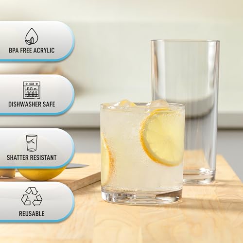 Zulay Kitchen Acrylic Plastic Glasses Drinkware - 16 Piece Unbreakable Drinking Glasses - BPA-Free, Reusable Plastic Tumbl...
