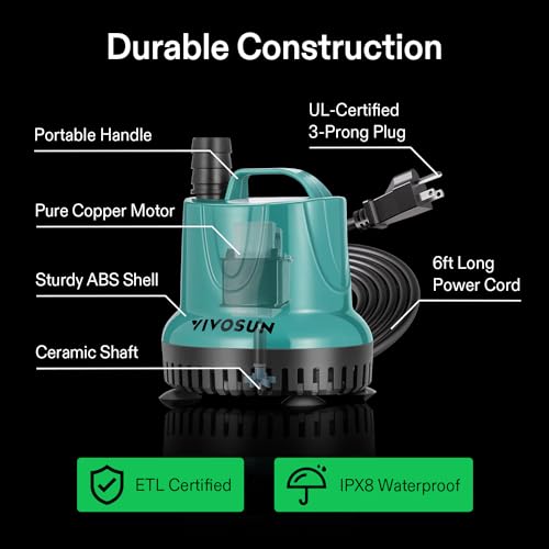 VIVOSUN 260GPH 20W Submersible Water Pump for Fish Tank, Pond, Aquarium, Hydroponic Systems with 6ft Power Cord and 3 Outl...
