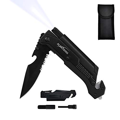 7-in-1 Tactical Survival Knife - Glass Breaker, Seatbelt Cutter, Serrated Steel Blade, Firestarter, LED Flashlight, Bottle...