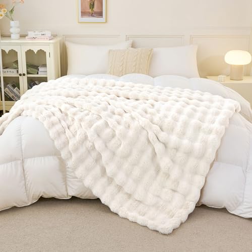 Faux Rabbit Fur Throw Blanket for Couch, Fluffy Warm Plush Thick Bubble Blanket for Bed Sofa Living Room, Soft Cozy Furry ...