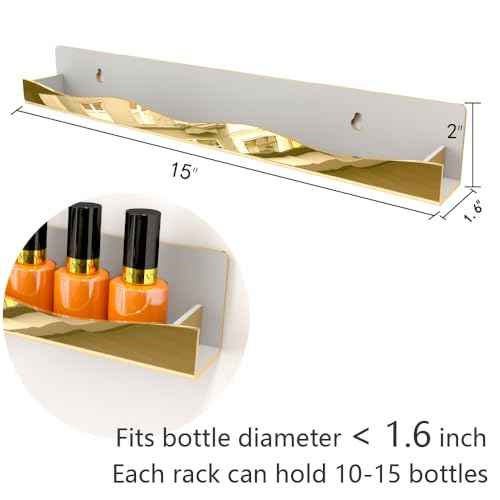 YMVV Wall-Mounted Nail Polish Organizer Rack - 15-Inch Gold Mirror Finish Nail Polish Shelf, Makeup & Beauty Essentials Storage - Multi-Purpose Display Holder for Small Space, Vanity Bathroom, 6 Pack