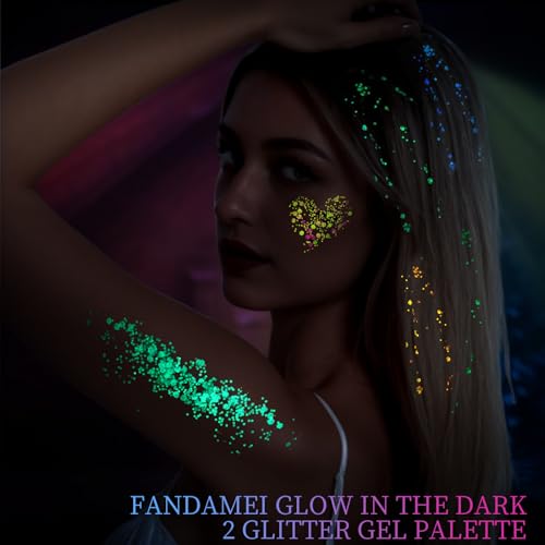 FANDAMEI Glow in The Dark Glitter, 2 Glitter Gel Palette 18 Grids Face Body Hair Glitter for Glow in The Dark Glitter Make...