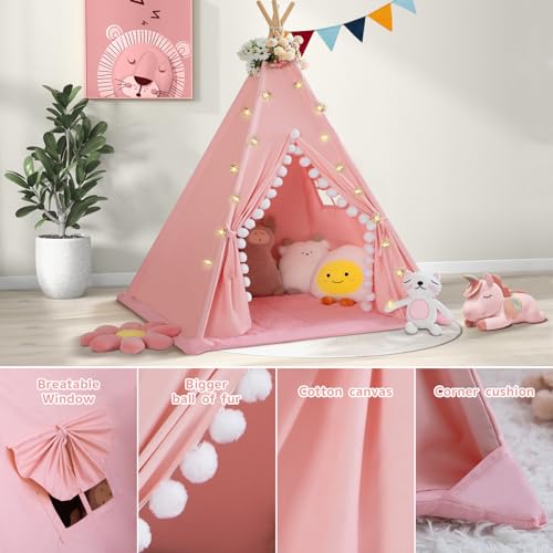 WIRHAO Teepee Tent for Kids with Padded Mat Cotton Canvas Kids Tent with Pompom for Toddlers Indoor Play Tent for Girls Bo...