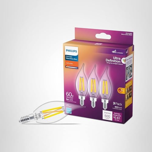 PHILIPS LED 60W BA11 E12 Chandelier Bulbs 3-Pack Ultra Definition Soft White (2700K) 500 Lumen (5W = 60W) Dimmable Flicker-Free LED Candelabra Bulbs