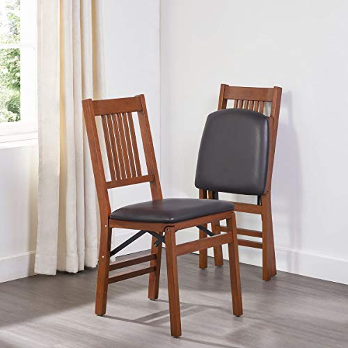 MECO Stakmore True Mission Wooden Folding Chairs with Padded Seats, Set of 2 - No Assembly Foldable Dining Chairs, Steel F...