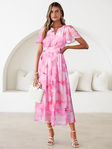 Simplee Women Floral Summer Maxi Dress Boho Flowy Casual Chiffon Short Sleeves V Neck Long Wedding Guest Dresses