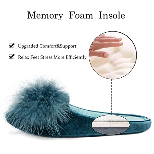 GRITHEIM Women's Fuzzy Pom Pom Velvet Memory Foam House Slippers Ladies Cozy Chenille Knit Bedroom Slippers Non-slip Sole ...