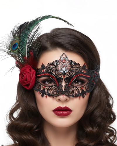 Campsis Feather Masquerade Mask Red Rhinestone Venetian Mask Flower Ball Masks for Women