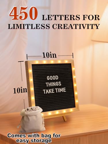Changeable Felt Letter Board with LED Lights - 10×10" Message Custom Signs & Wood Stand & 450 Letters, Poster Board for Va...