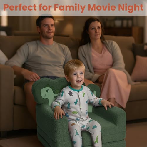 TinyPalsa Kids Couch, Convertible Sofa to Lounger Fold Out, Green Dinosaur Design Chair for Toddlers 1-3, Gift for Movie Night, Camping, and Napping