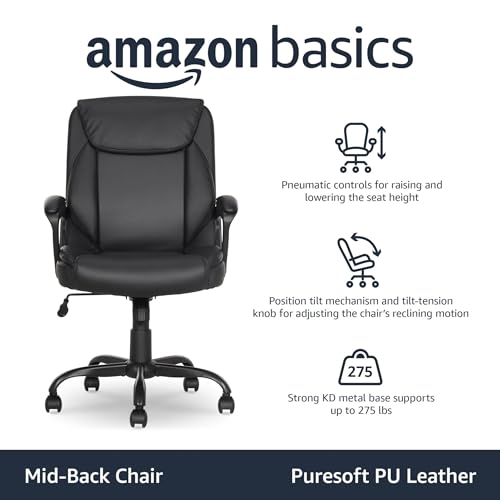 Amazon Basics Classic Puresoft PU Padded Mid-Back Height Adjustable Office Computer Desk Chair with Armrest, 26"D x 23.75"...