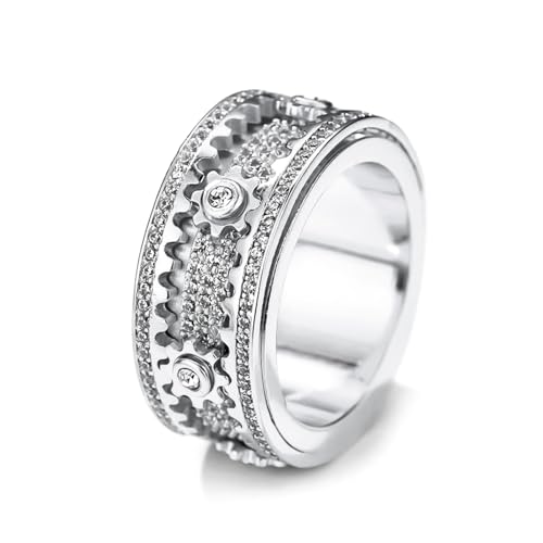 Interactive Outer Ring Drives Gears Rotatable EDC Ring Iced Out Alloy Jewelry, Sparkling Mechanical Fidget Band