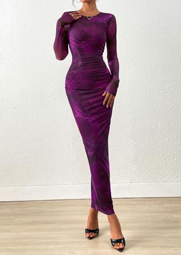 PRETTYGARDEN Wedding Guest Dresses for Women Spring Long Sleeve Ruched Bodycon Floral Mesh Cocktail Party Fall Maxi Dress