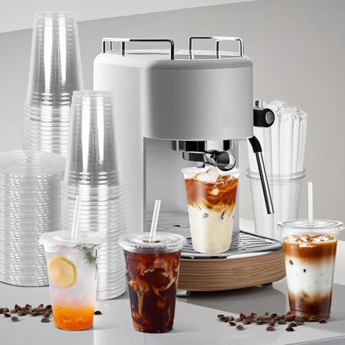 Charmount 100 Sets- 20 oz Clear Plastic Cups with Lids and Straws, Disposable To Go Cups for Cold Drinks, Coffee Bar Acces...