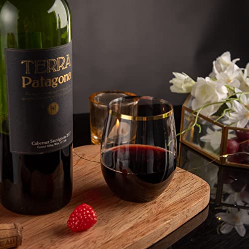 SUT 32 Pack 12oz Gold Rimmed Plastic Wine Glasses Stemless, Disposable Wine Cups with Premium Quality, Reusable, Unbreakab...