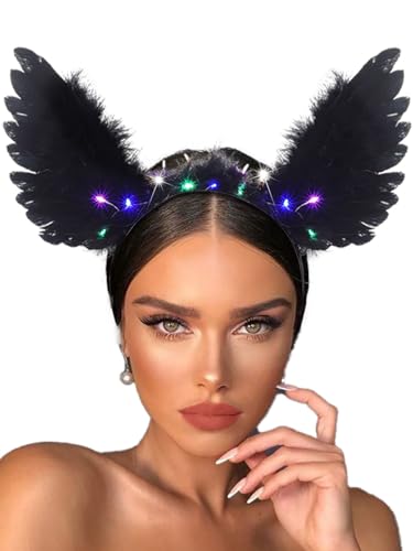 Aiosy Light Up Halloween Wing Headbands LED Black Feather Hairband Angel Wings Women Hair Accessories for Rave Costume