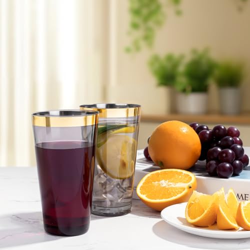 LIYH 100 Pcs Gold Plastic Cups - 16 OZ Clear Black and Gold Rim Plastic Wine Cups Big Size Fancy Disposable Wine Glasses P...
