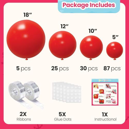 PartySoon 147 Pcs Red Balloons Arch Kit Red Balloon Different Sizes for Valentine's Decorations Birthday Party Gender Reve...