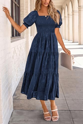 PRETTYGARDEN Women's 2026 Summer Casual Midi Dresses Square Neck Short Sleeve Smocked A Line Floral Flowy Elegant Boho Dress