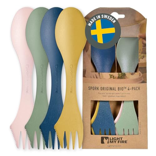 Light My Fire Spork Original 4-Pack 3-in-1 Camping Spoon Fork Knife Combo Reusable Travel & Camping Utensils Lunch Spork O...