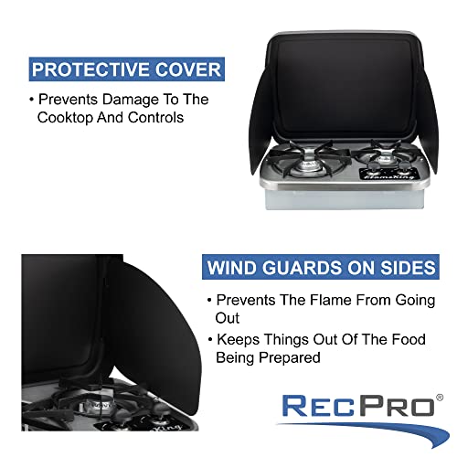 RecPro RV 2 Burner Gas Built-In Cooktop Stove with Cover Hood and Wind Guard | 7200 and 5200 BTU Burners