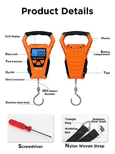 HEETA Waterproof Fish Scale Digital with Backlit LCD Display, 110lb/50kg Portable Hanging Scale Fishing Scale for Home and...