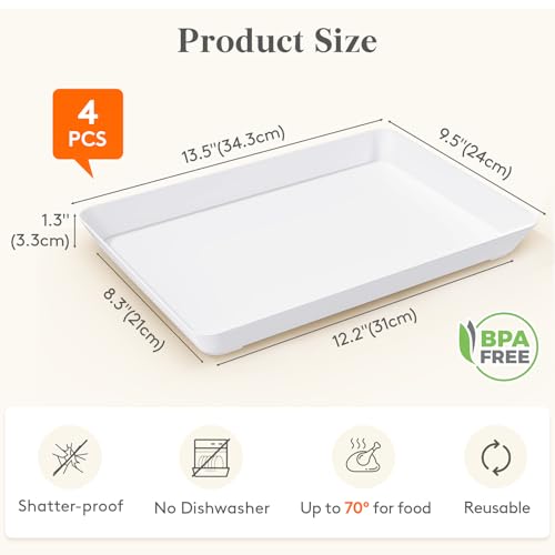 Lifewit Plastic Serving Tray for Party, 4 Pcs White Trays for Serving Food, Reusable Platters for Buffet, Fruit, Cookie, C...