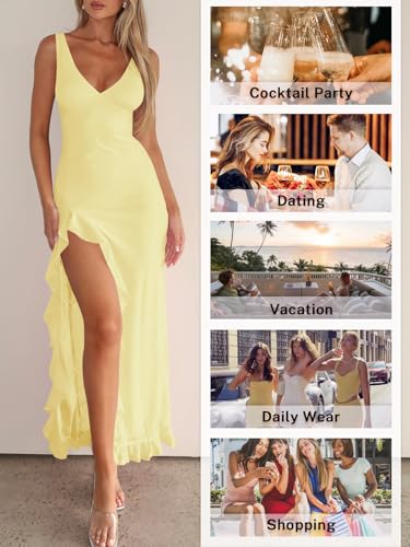 Women Sexy V Neck Sleeveless Mesh Ruffle Hem Bodycon Maxi Casual Backless High Slit Cocktail Party Dress