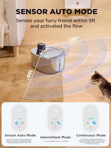 Cordless Cat Water Fountain, Battery Operated, 4L/135fl oz Stainless Steel Pet Water Fountain for Cats Dogs with Motion Se...