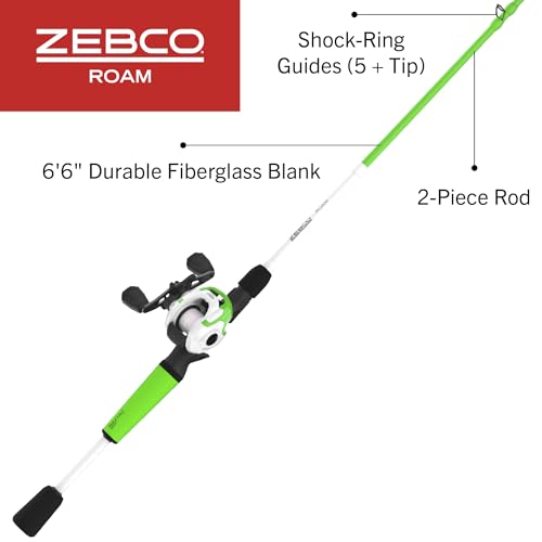 Zebco Roam Baitcast Reel and Fishing Rod Combo, 6-Foot 6-Inch 2-Piece Fiberglass Fishing Pole with Split-Grip MaxTac Rod Handle, Lightweight Graphite Frame, Right-Hand Retrieve