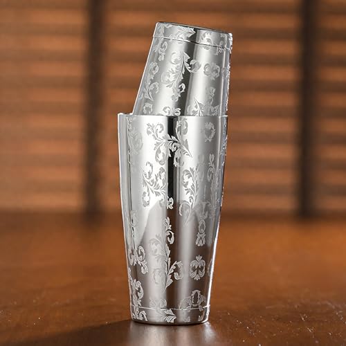 Cocktail Shaker Stainless Steel Boston Shaker Tin with Etched Pattern Martini Drink Shaker Professional (Style4)