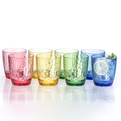 MIYOPESI 15oz Colorful Acrylic Glasses Drinkware (Set of 8), Hammered Design Unbreakable Plastic Tumblers, Reusable Plasti...