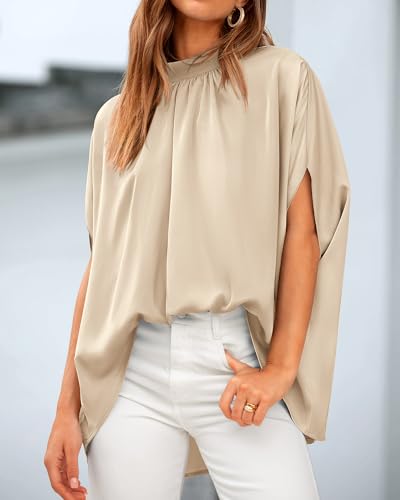 BTFBM Womens Summer Tops 2026 Mock Neck Batwing Sleeve Shirts Loose High Low Hem Oversized Dressy Casual Spring Blouses