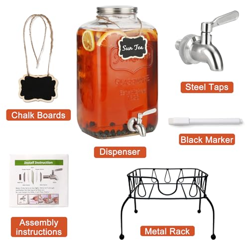 2 Gallon Glass Drink Dispenser with Stand, Stainless Steel Leakproof Spigot and Lid, Glass Drink Dispensers for Parties, W...