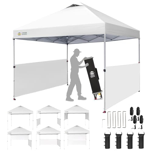 CROWN SHADES 10x10 Pop up Canopy Tent Instant Canopy with 150D Silver Coated Fabric Including 2 Half Sidewalls, 4 Ropes, 8...