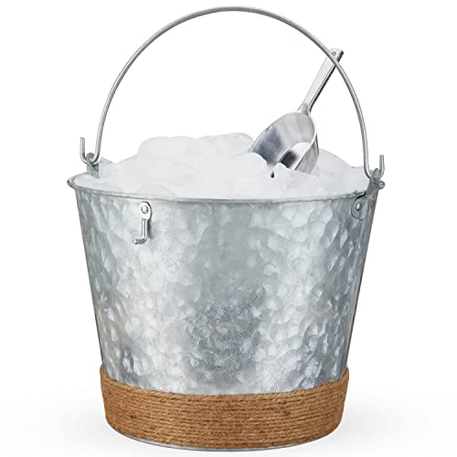 Twine Farmhouse Ice Bucket with Scoop - Beverage Tub Wrapped with Rope for Parties - Galvanized Metal Bucket Cooler & Drin...