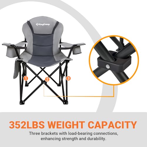 KingCamp Oversized Camping Folding Chair with Lumbar Support, Heavy Duty Ergonomic Padded Arm Chair with Cooler Bag, Cup H...