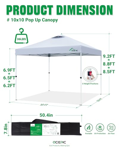 Acepic 10x10 Pop Up Canopy Tent,300D Silver-Coating Top,Pop Up Canopy Tent Instant Portable Shelter with 1-Button Push and...