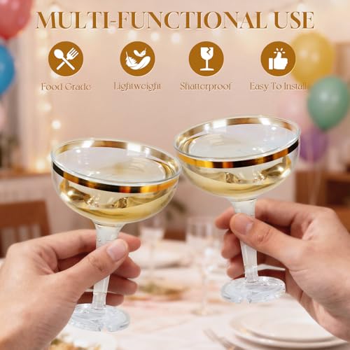 RYTOXILO Champagne Tower Glasses, 50 Pack 5.4 fl oz Plastic Coupe Glasses for Parties with Gold Rimmed, Disposable Clear A...