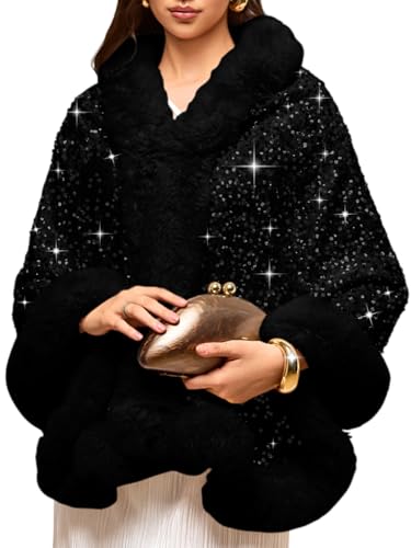 EHSUYAB Women's Sequin Faux Fur Shawl Wrap, Winter Bridal Wedding, Luxury Elegant Velvet Fur Coat Jackets Cape Evening Party
