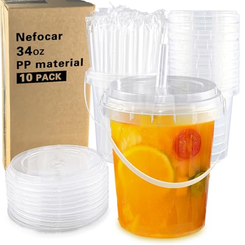 10 Pack 34oz Disposable Plastic Cups with Lids and Straws, Iced Coffee Cups with Lids, Sturdy & Food Safe for Cold & Hot D...