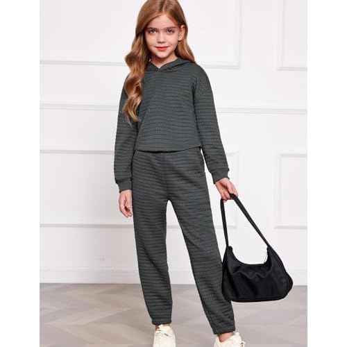 Arshiner Girls 2 Piece Outfit Waffle Knit Pullover Hooded Sweatshirt and Sweatpants Clothing Sets Long Sleeve Tracksuits